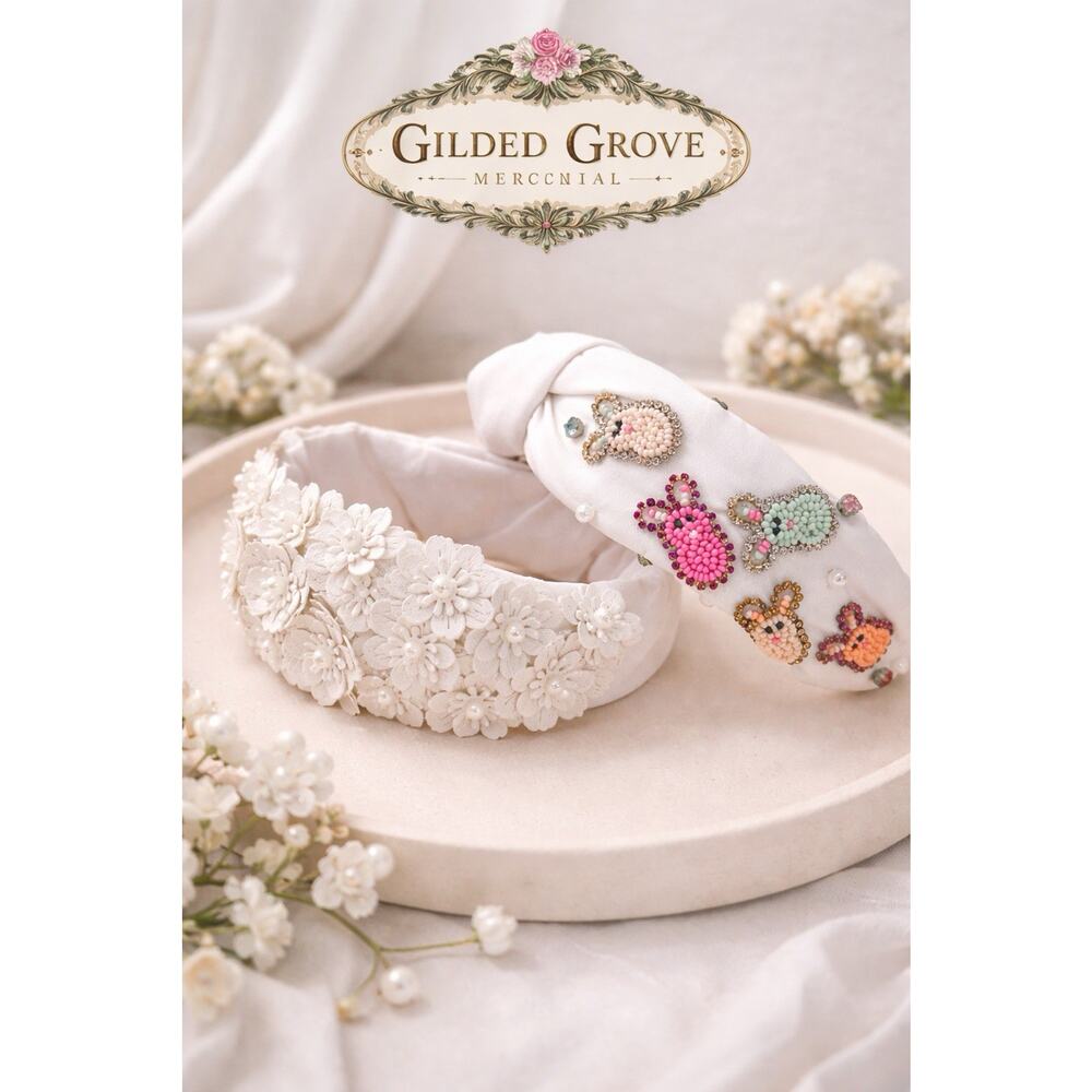 Easter Bunny Beaded Headband or White Floral Pearl Headband | Spring Padded Head